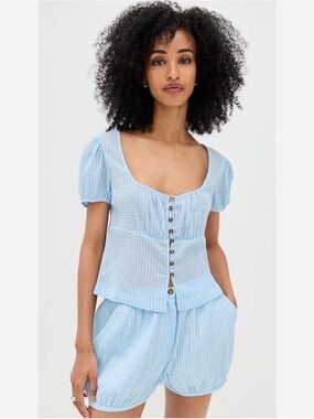 Ciao Lucia Risi Blue Gingham Puff Sleeve Top Cottagecore Button Front Cotton